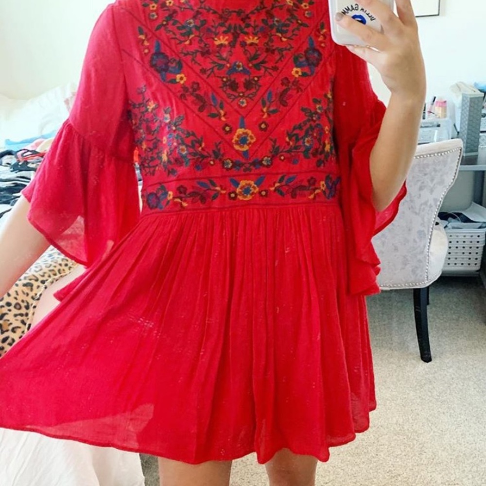 Red Boho Dress with Embroidery